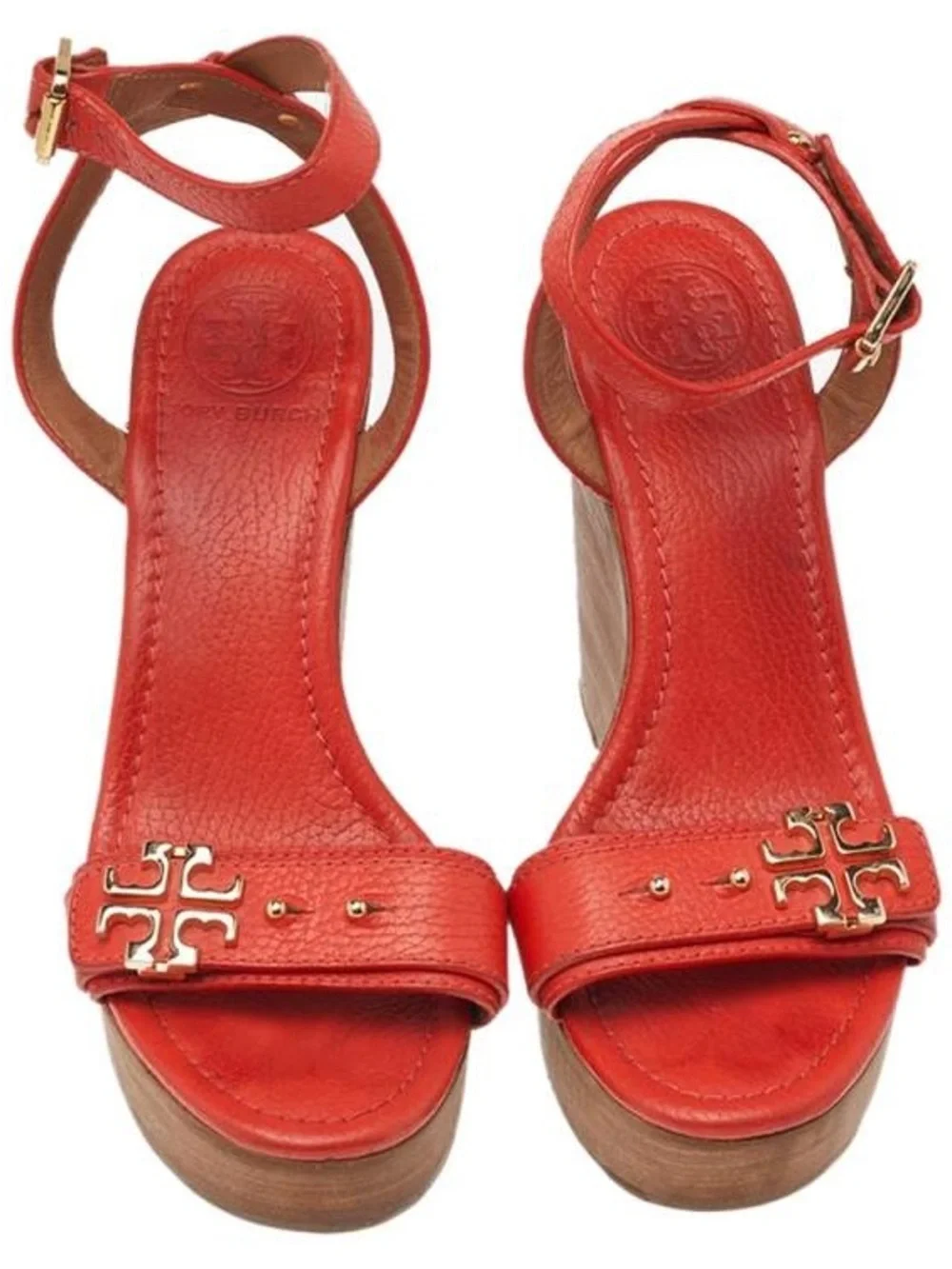 Tory Burch Red-Orange Leather Ankle-Strap Wedge Sandal Size 7